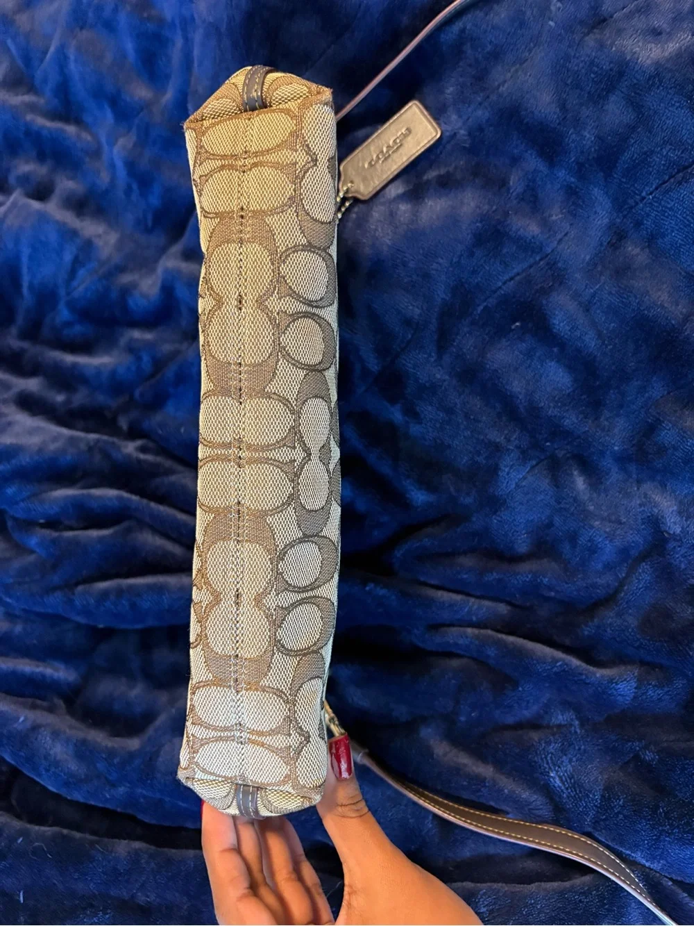 Coach Beige Signature Canvas Shoulder Bag with Brown Leather Strap